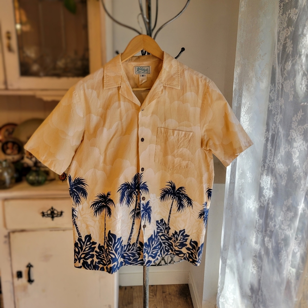 Vintage 90s Hawaiian Aloha Shirt Kolekole Peach Orange Navy Blue Palm Trees - Picture 2 of 16